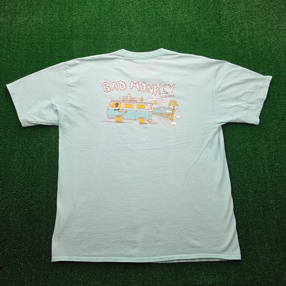 Bad Monkey Bar & Grill Beach Surf Graphic Tshirt Mens XL Mint Green Sub Shop